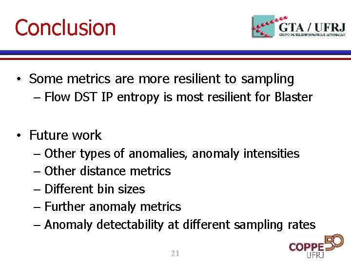 Conclusion • Some metrics are more resilient to sampling – Flow DST IP entropy Conclusion • Some metrics are more resilient to sampling – Flow DST IP entropy