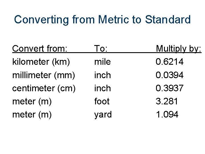 Converting from Metric to Standard Convert from: kilometer (km) millimeter (mm) centimeter (cm) meter