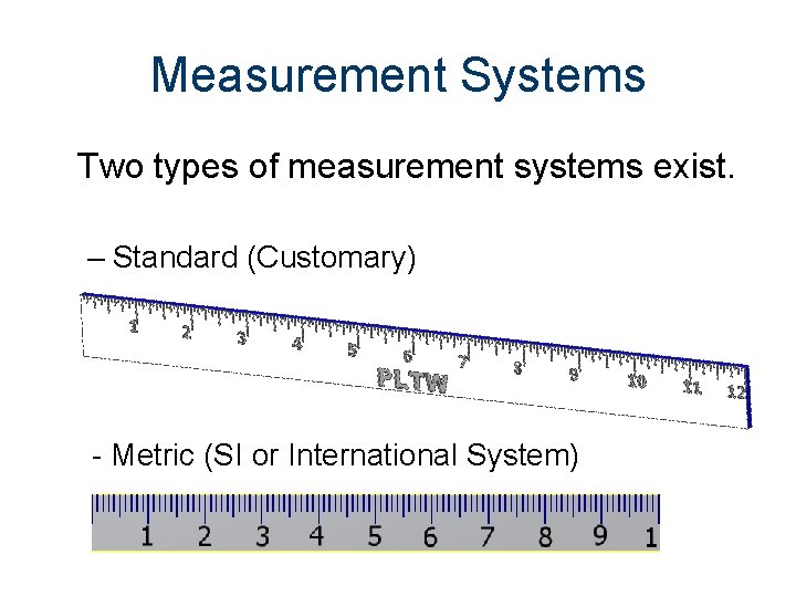 Measurement Systems Two types of measurement systems exist. – Standard (Customary) - Metric (SI