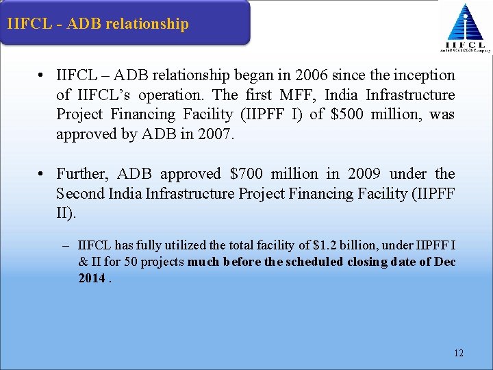 IIFCL - ADB relationship • IIFCL – ADB relationship began in 2006 since the