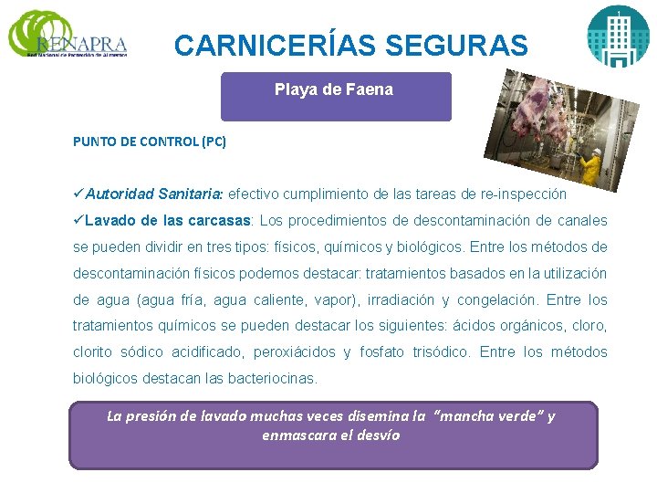 CARNICERÍAS SEGURAS Playa de Faena PUNTO DE CONTROL (PC) üAutoridad Sanitaria: efectivo cumplimiento de