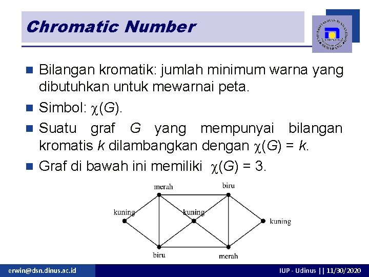 Chromatic Number Bilangan kromatik: jumlah minimum warna yang dibutuhkan untuk mewarnai peta. n Simbol: Chromatic Number Bilangan kromatik: jumlah minimum warna yang dibutuhkan untuk mewarnai peta. n Simbol: