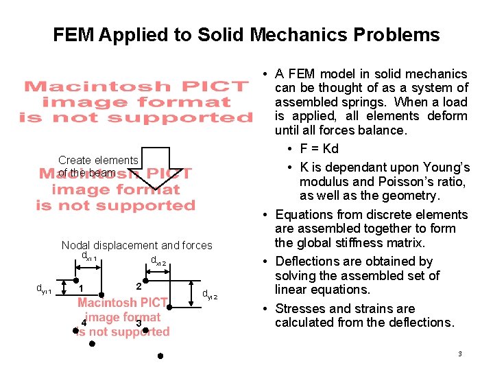 FEM Applied to Solid Mechanics Problems Create elements of the beam Nodal displacement and