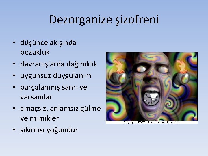 Dezorganize şizofreni • düşünce akışında bozukluk • davranışlarda dağınıklık • uygunsuz duygulanım • parçalanmış