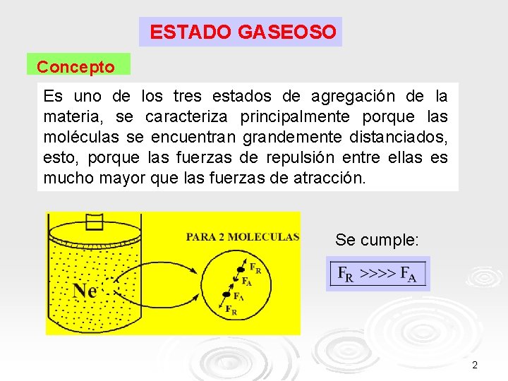  ESTADO GASEOSO Concepto Es uno de los tres estados de agregación de la