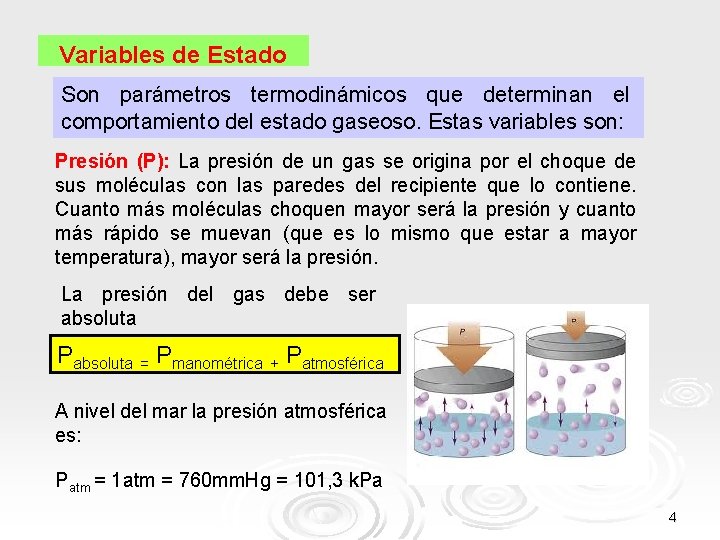  Variables de Estado Son parámetros termodinámicos que determinan el comportamiento del estado gaseoso.