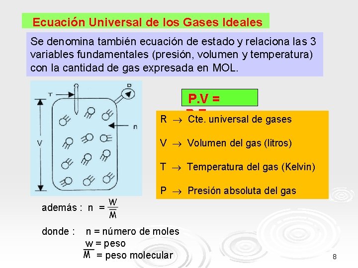  Ecuación Universal de los Gases Ideales Se denomina también ecuación de estado y