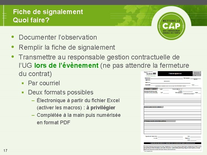 Fiche de signalement Quoi faire? Documenter l’observation Remplir la fiche de signalement Transmettre au