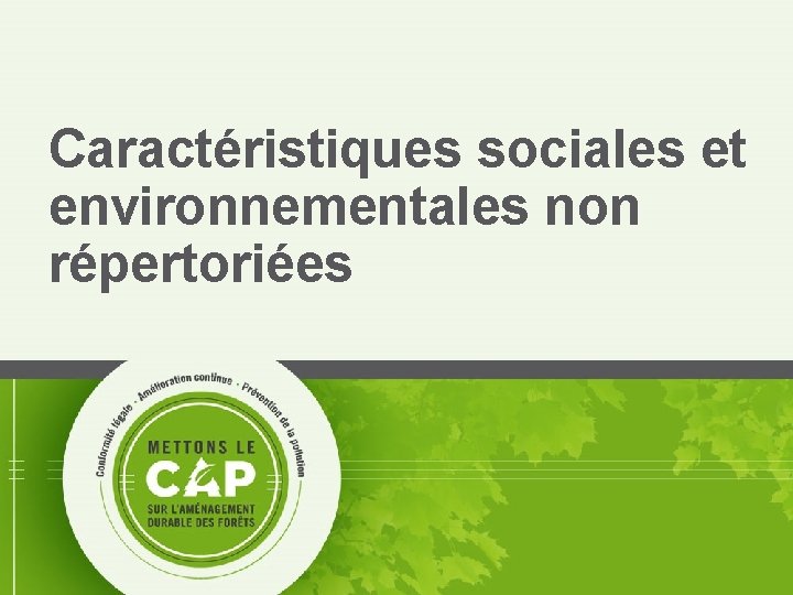 Caractéristiques sociales et environnementales non répertoriées 21 