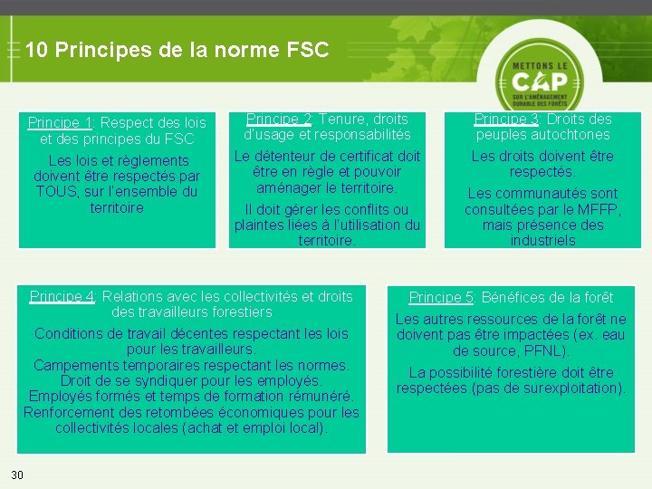 10 Principes de la norme FSC Principe 1: Respect des lois et des principes