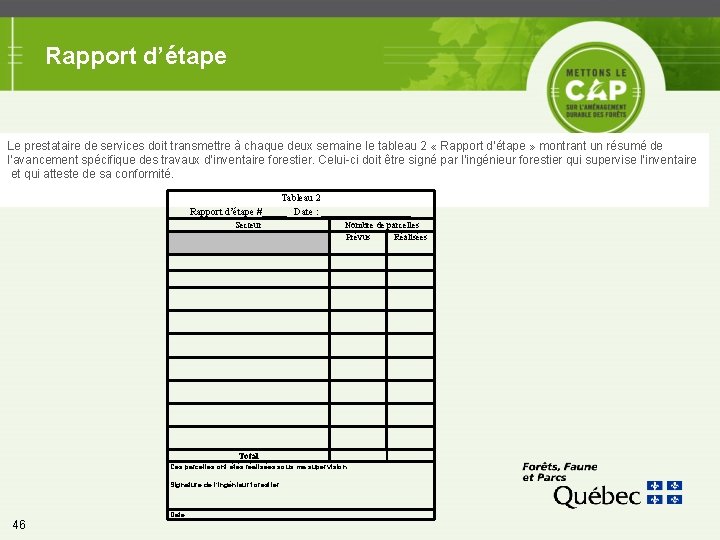 Rapport d’étape Le prestataire de services doit transmettre à chaque deux semaine le tableau