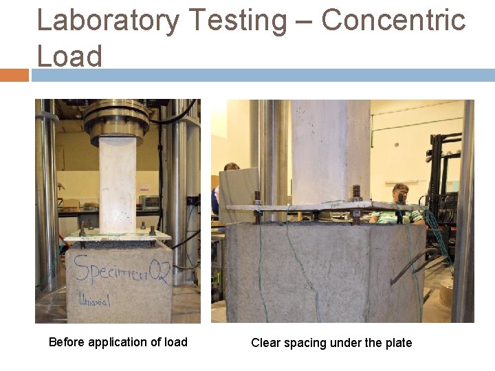 Laboratory Testing – Concentric Load Before application of load Clear spacing under the plate