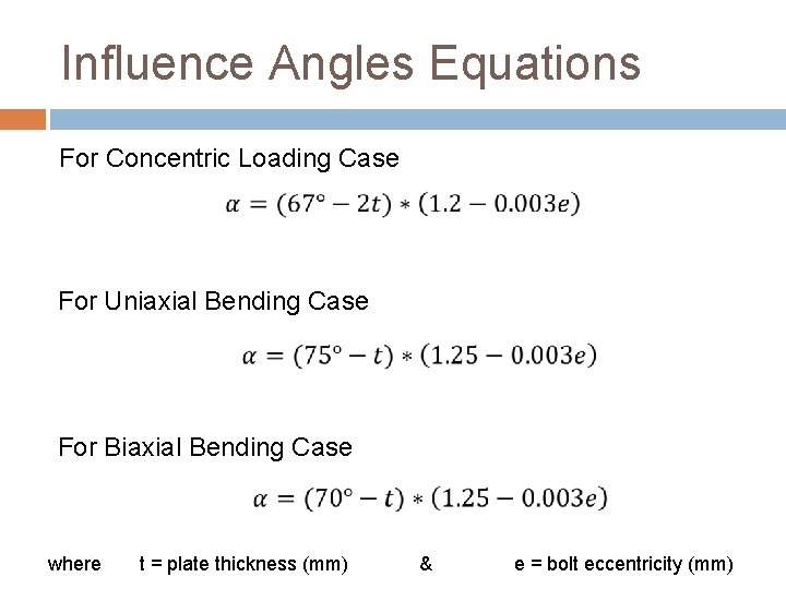 Influence Angles Equations For Concentric Loading Case For Uniaxial Bending Case For Biaxial Bending