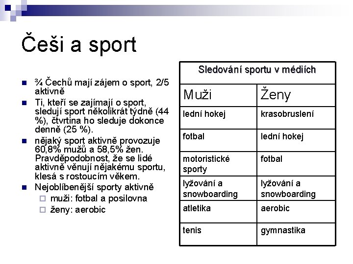 Češi a sport Sledování sportu v médiích n n ¾ Čechů mají zájem o