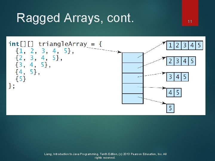 Ragged Arrays, cont. Liang, Introduction to Java Programming, Tenth Edition, (c) 2013 Pearson Education,