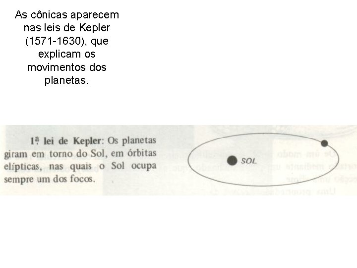 As cônicas aparecem nas leis de Kepler (1571 -1630), que explicam os movimentos dos