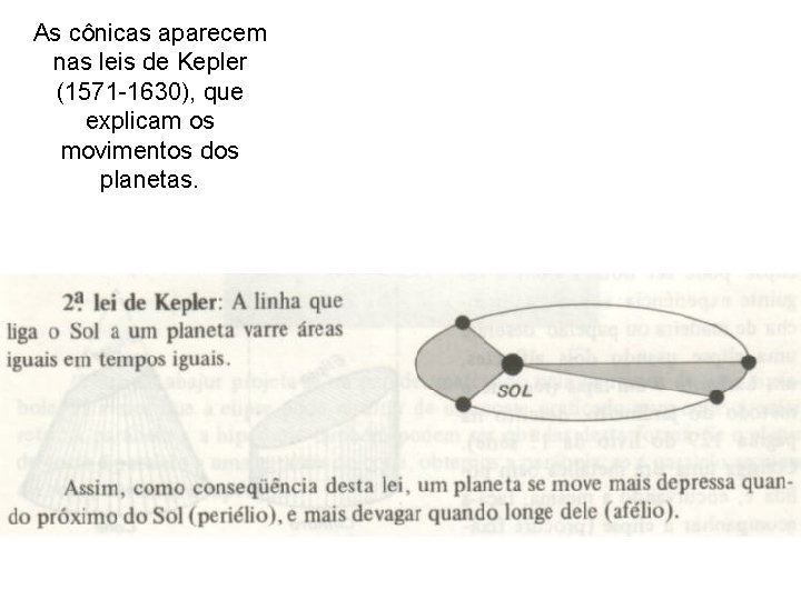 As cônicas aparecem nas leis de Kepler (1571 -1630), que explicam os movimentos dos