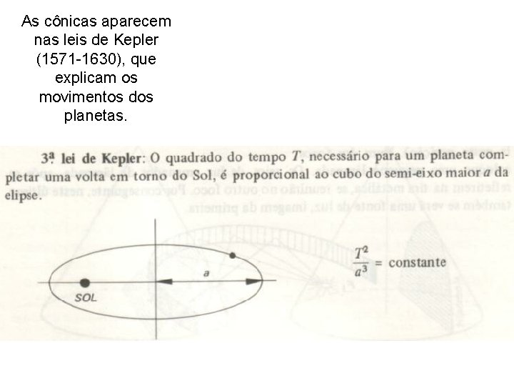 As cônicas aparecem nas leis de Kepler (1571 -1630), que explicam os movimentos dos