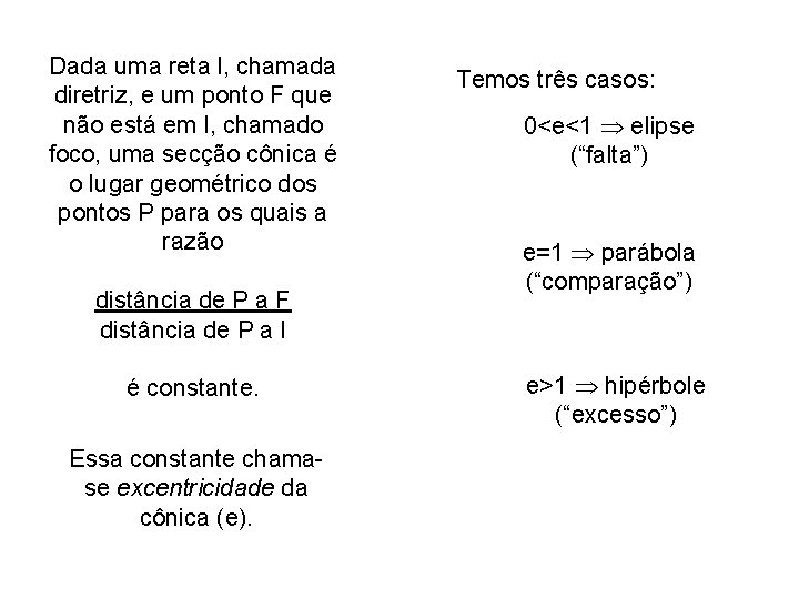 Dada uma reta l, chamada diretriz, e um ponto F que não está em