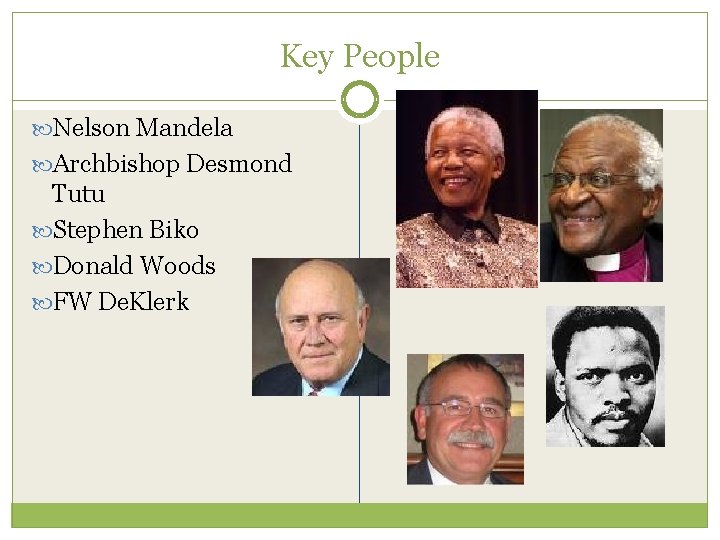 Key People Nelson Mandela Archbishop Desmond Tutu Stephen Biko Donald Woods FW De. Klerk