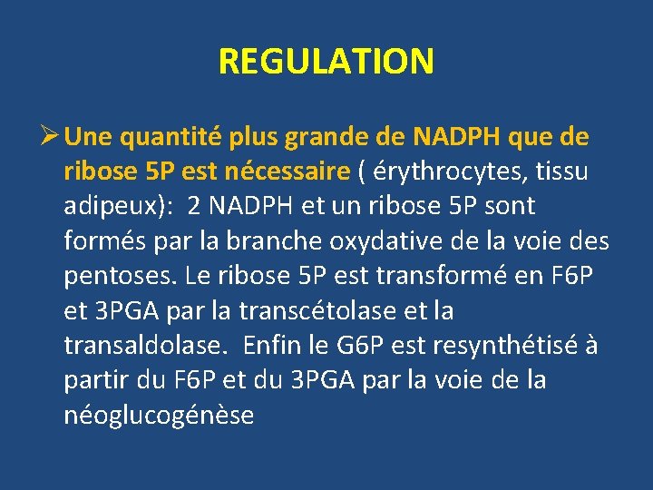 REGULATION Ø Une quantité plus grande de NADPH que de ribose 5 P est