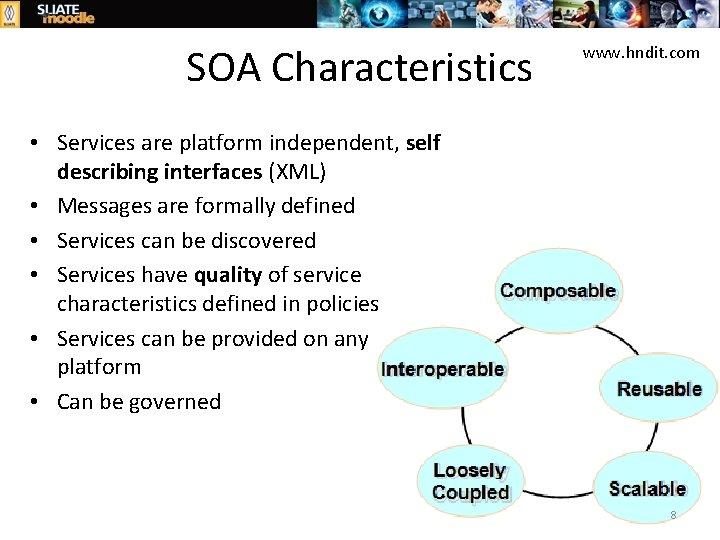 SOA Characteristics www. hndit. com • Services are platform independent, self describing interfaces (XML)