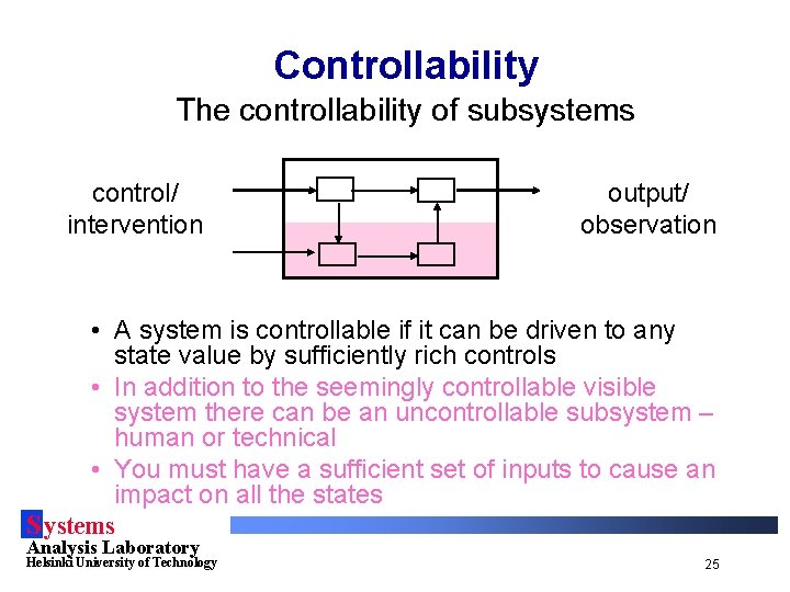 Controllability The controllability of subsystems control/ intervention output/ observation • A system is controllable