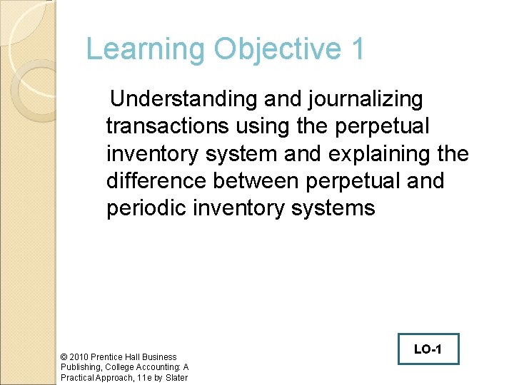 Learning Objective 1 Understanding and journalizing transactions using the perpetual inventory system and explaining