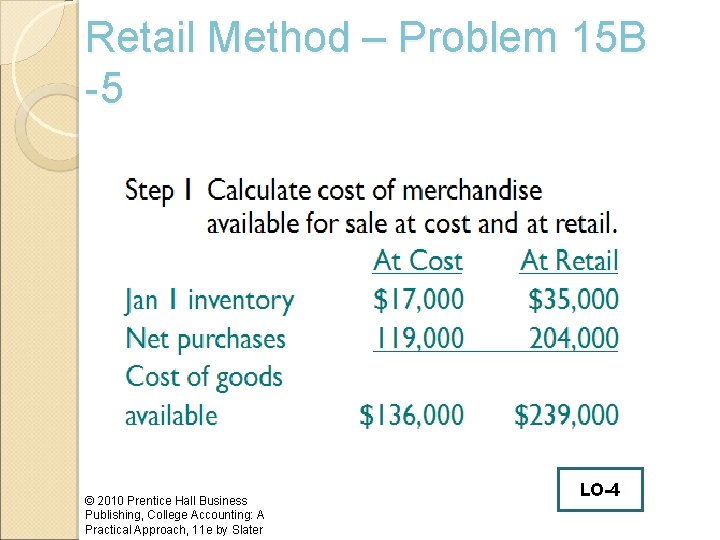 Retail Method – Problem 15 B -5 © 2010 Prentice Hall Business Publishing, College