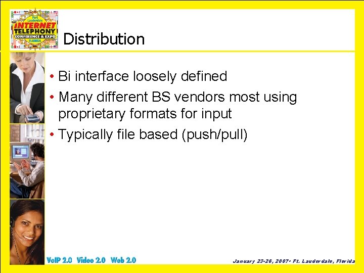 Distribution • Bi interface loosely defined • Many different BS vendors most using proprietary