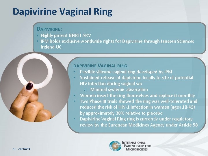 Dapivirine Vaginal Ring DAPIVIRINE: • Highly potent NNRTI ARV • IPM holds exclusive worldwide
