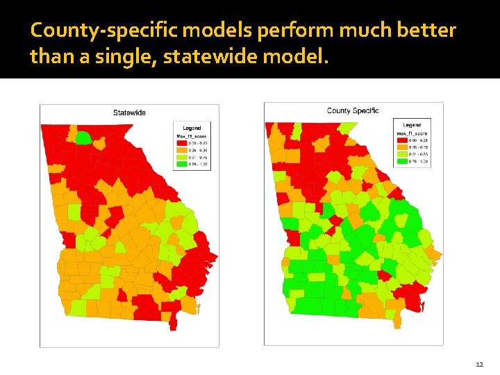 County-specific models perform much better than a single, statewide model. 12 