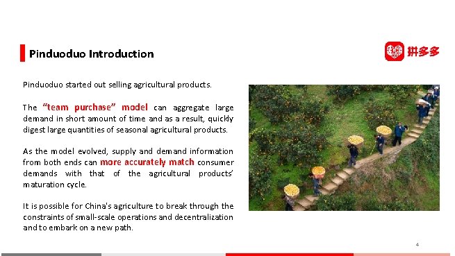 Pinduoduo Introduction Pinduoduo started out selling agricultural products. The “team purchase” model can aggregate