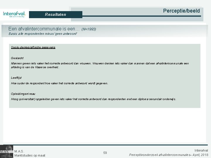 Perceptie/beeld Resultaten Een afvalintercommunale is een… (N=1993) Basis: alle respondenten minus ‘geen antwoord’ Socio-demografische