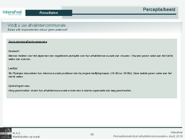 Perceptie/beeld Resultaten Vindt u uw afvalintercommunale… Basis: alle respondenten minus ‘geen antwoord’ Socio-demografische gegevens