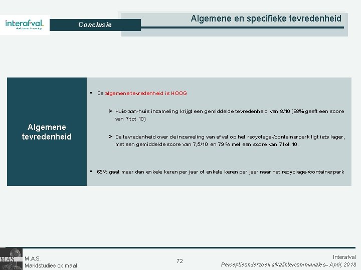 Algemene en specifieke tevredenheid Conclusie • De algemene tevredenheid is HOOG Ø Huis-aan-huis inzameling