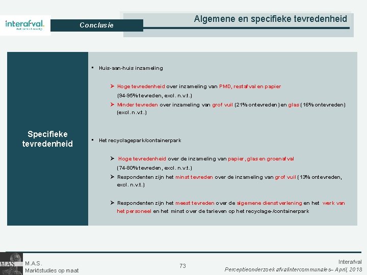 Algemene en specifieke tevredenheid Conclusie • Huis-aan-huis inzameling Ø Hoge tevredenheid over inzameling van