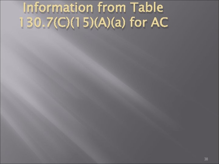 Information from Table 130. 7(C)(15)(A)(a) for AC 38 