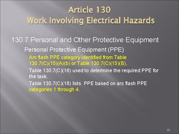 Article 130 Work Involving Electrical Hazards 130. 7 Personal and Other Protective Equipment Personal