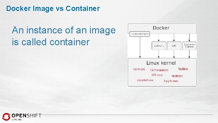 Docker Image vs Container An instance of an image is called container 