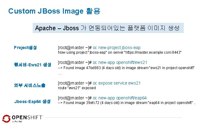 Custom JBoss Image 활용 Apache – Jboss 가 연동되어있는 플랫폼 이미지 생성 Project생성 [root@master