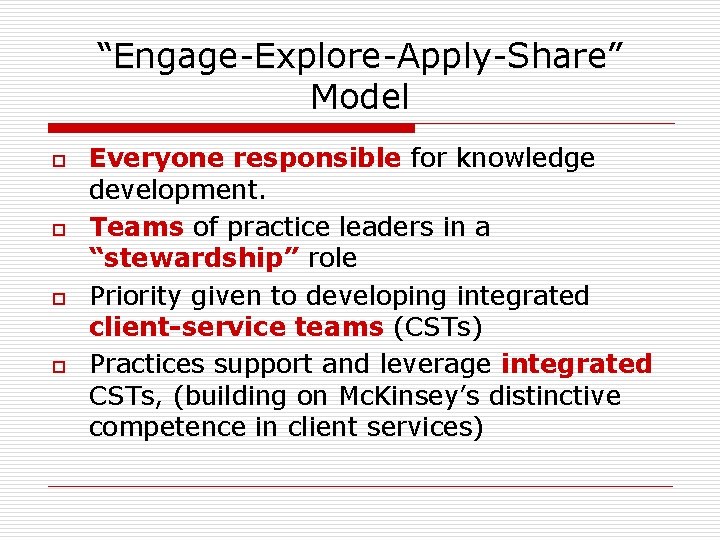 “Engage-Explore-Apply-Share” Model o o Everyone responsible for knowledge development. Teams of practice leaders in “Engage-Explore-Apply-Share” Model o o Everyone responsible for knowledge development. Teams of practice leaders in