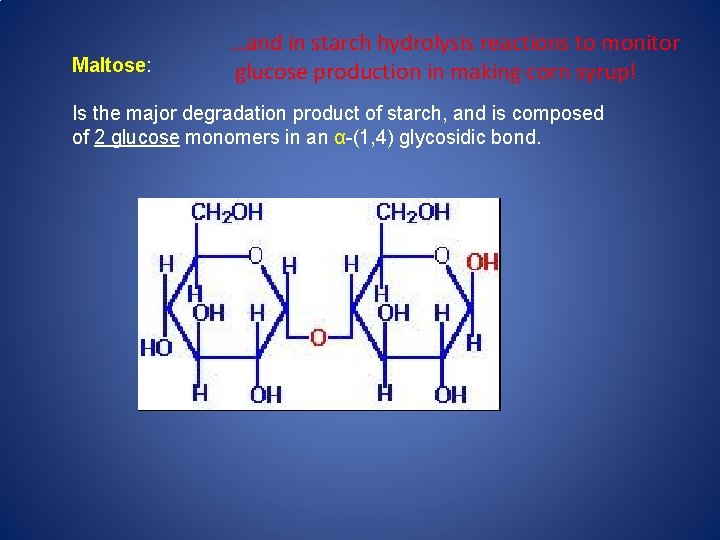 Maltose: …and in starch hydrolysis reactions to monitor glucose production in making corn syrup!