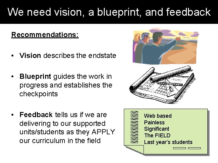 We need vision, a blueprint, and feedback Recommendations: • Vision describes the endstate •