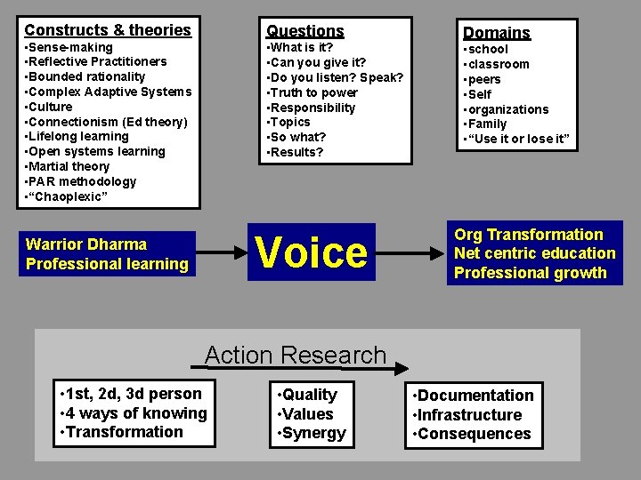 Constructs & theories Questions • Sense-making • Reflective Practitioners • Bounded rationality • Complex