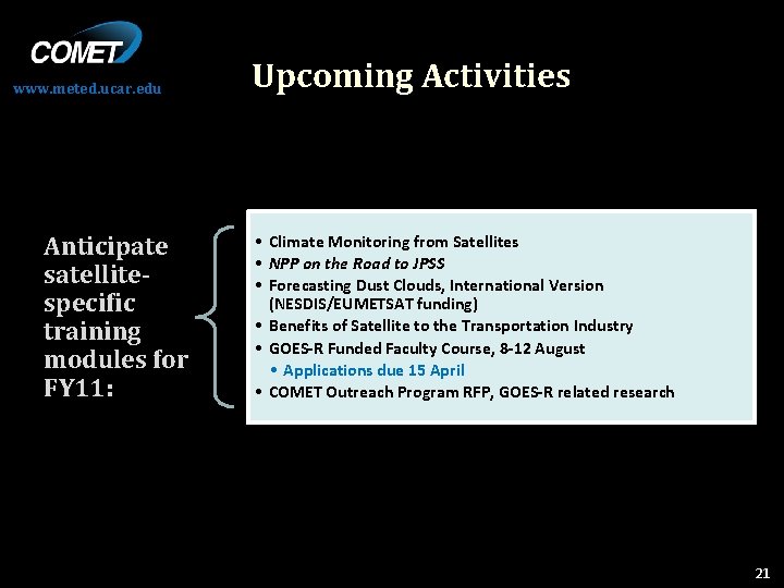 www. meted. ucar. edu Anticipate satellitespecific training modules for FY 11: Upcoming Activities •