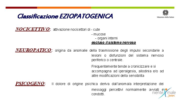 Classificazione EZIOPATOGENICA NOCICETTIVO: attivazione nocicettori di - cute - mucose - organi interni escluso