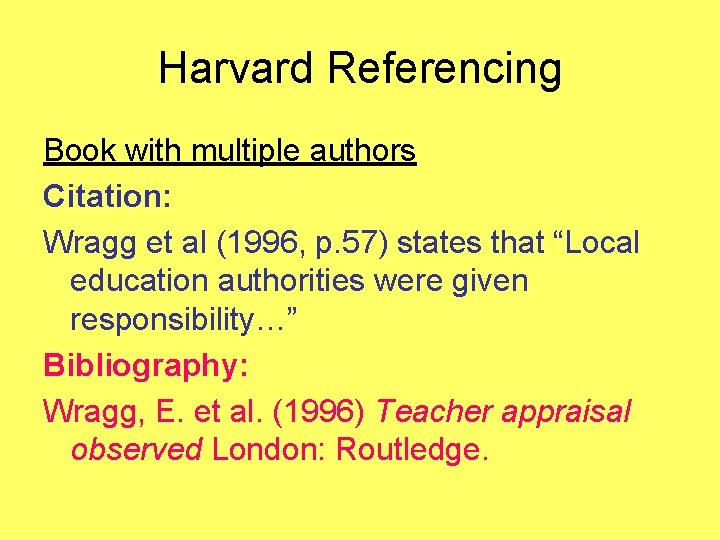 Harvard Referencing Book with multiple authors Citation: Wragg et al (1996, p. 57) states