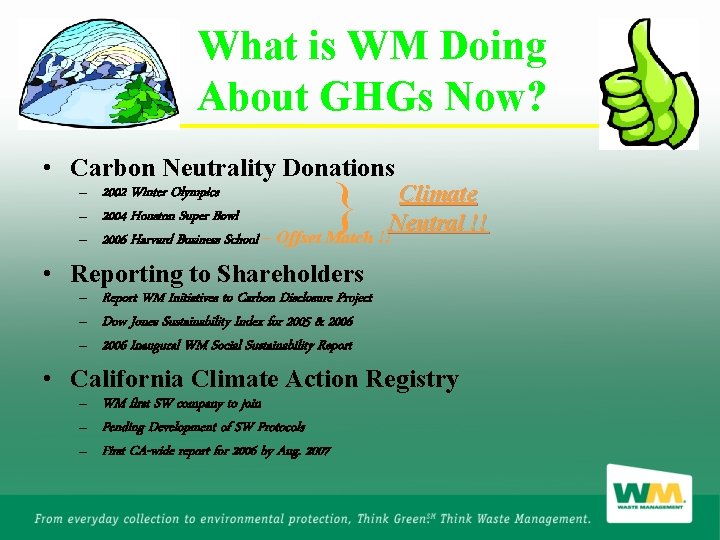 What is WM Doing About GHGs Now? • Carbon Neutrality Donations } – 2002