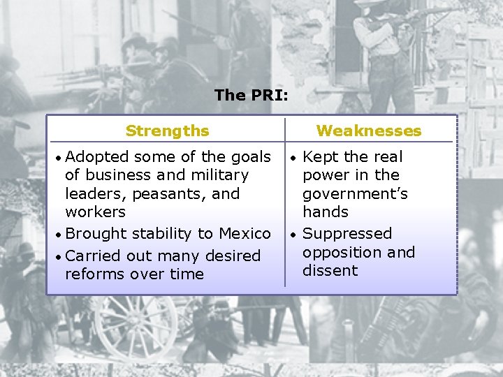 The PRI: Strengths • Adopted some of the goals of business and military leaders,